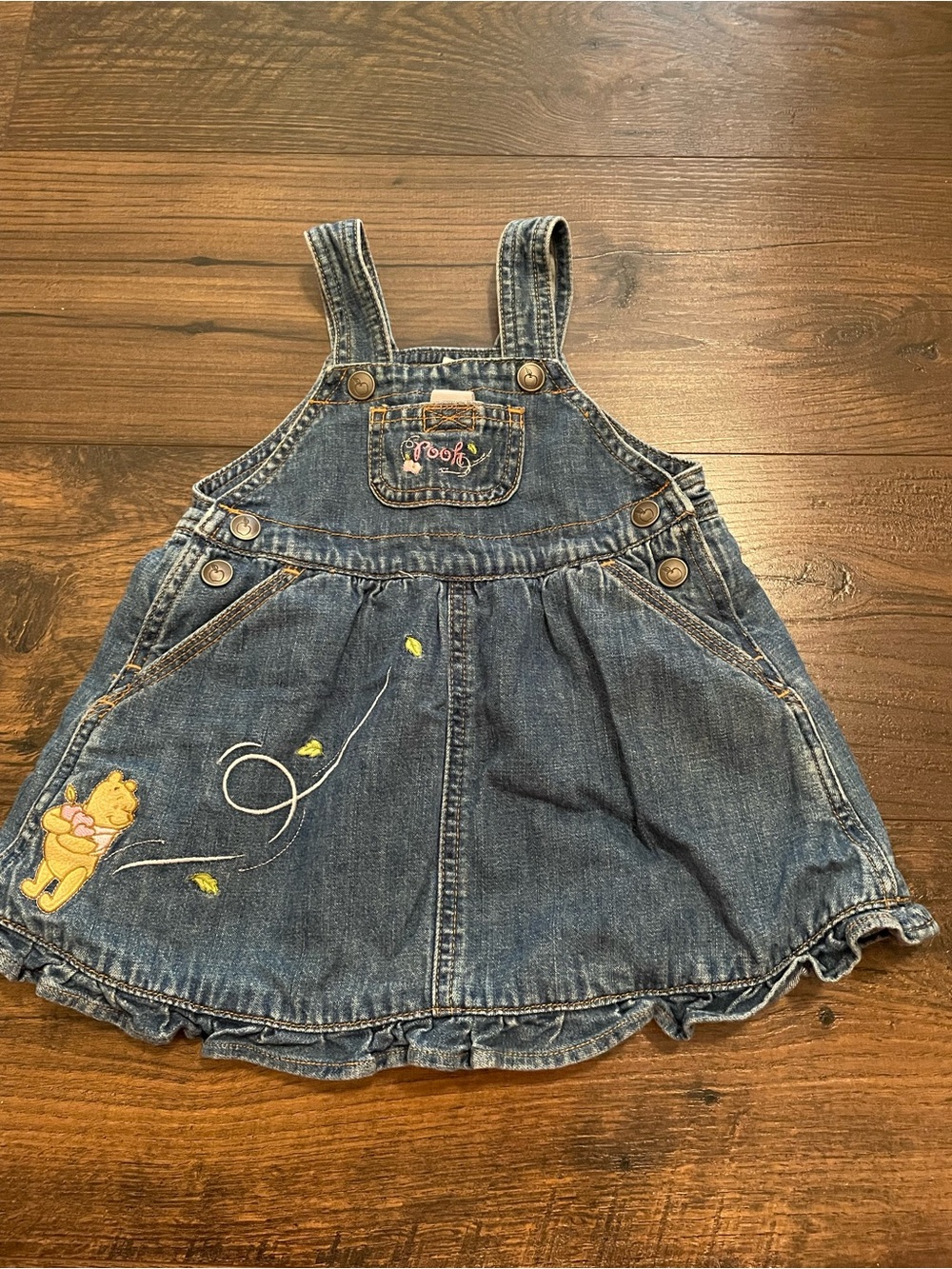 Vintage Disney Denim Overall Dress with Winnie the Pooh Embroidery - Blue